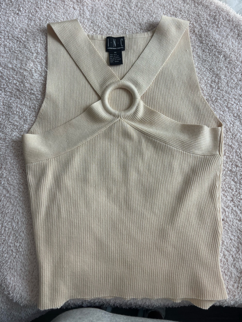INC International Concepts Cream Ribbed Halter Sweater with Ring Accent